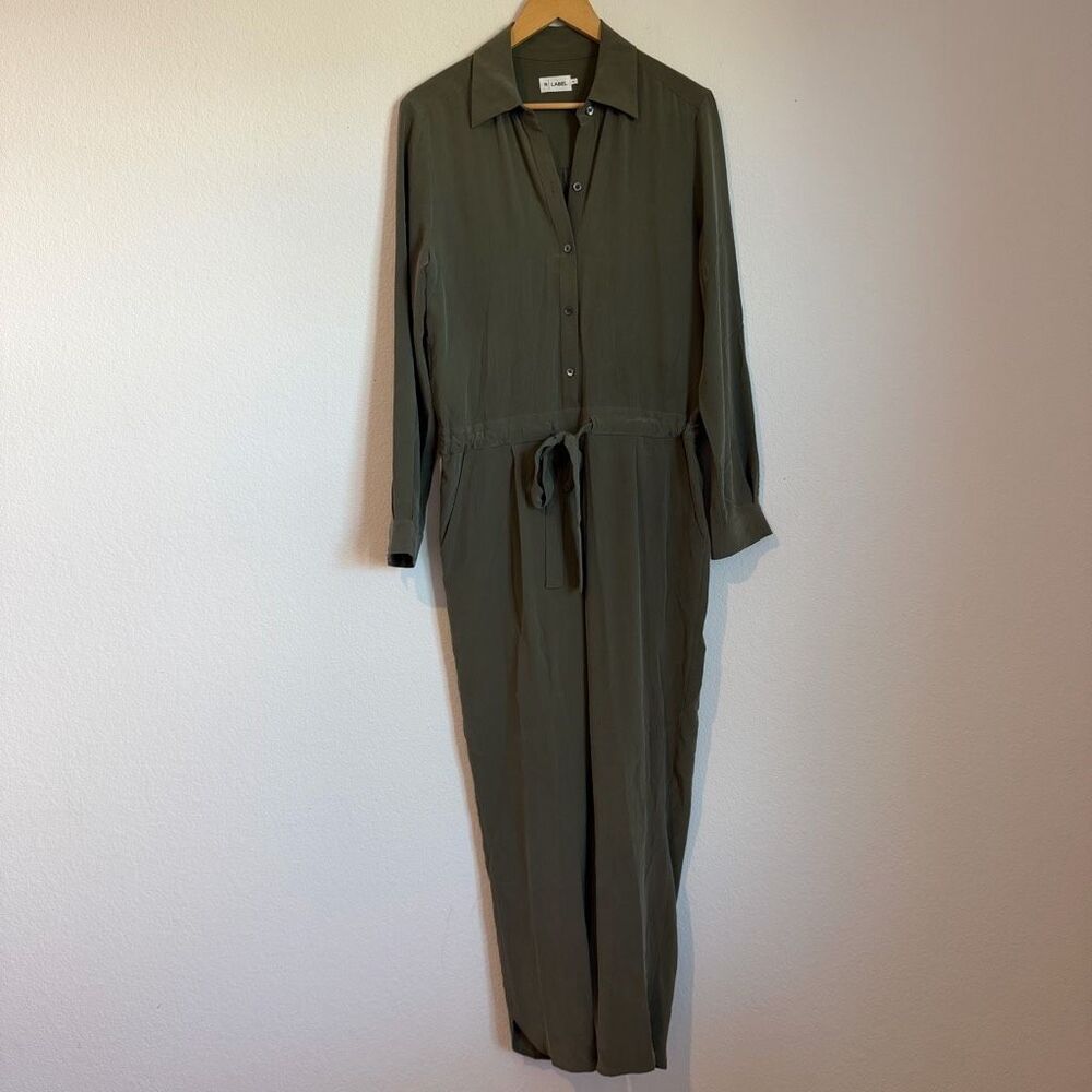 R Label Green Silk Long Sleeve Button Up Tie Waist Jumpsuit Women's Size Medium